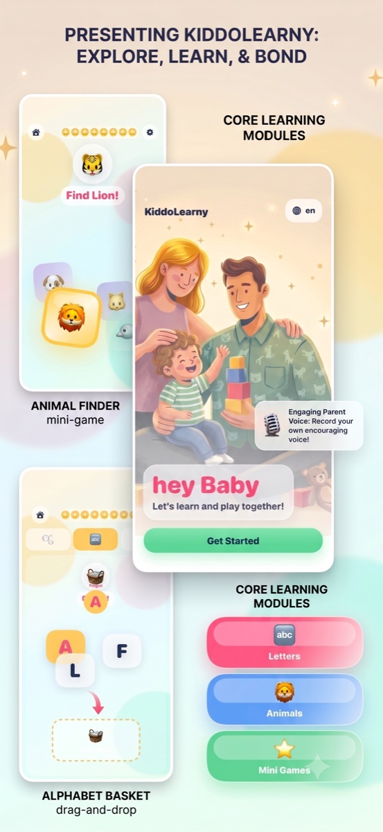 KiddoLearny promotional graphic showing app screens, mini-games, and learning modules